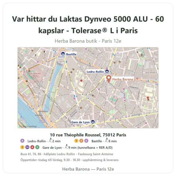 Var hittar du Laktas Dynveo 5000 ALU - 60 kapslar - Tolerase® L i Paris - butikskarta Herba Barona Paris 12e