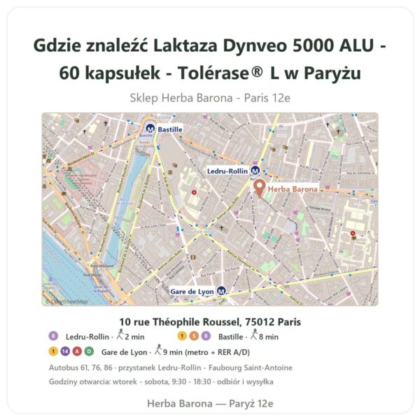 Gdzie znaleźć Laktaza Dynveo 5000 ALU - 60 kapsułek - Tolérase® L w Paryżu - mapa sklepu Herba Barona Paris 12e