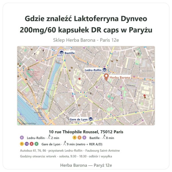 Gdzie znaleźć Laktoferryna Dynveo 200mg/60 kapsułek DR caps w Paryżu - mapa sklepu Herba Barona Paris 12e