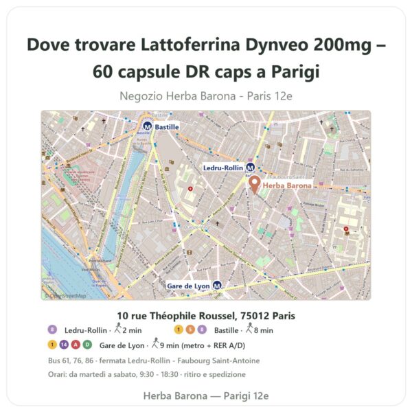Dove trovare Lattoferrina Dynveo 200mg – 60 capsule DR caps a Parigi - mappa del negozio Herba Barona Paris 12e