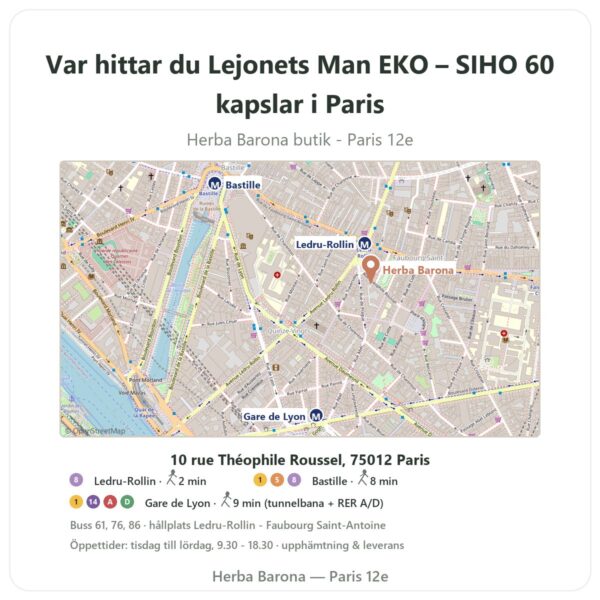 Var hittar du Lejonets Man EKO – SIHO 60 kapslar i Paris - butikskarta Herba Barona Paris 12e