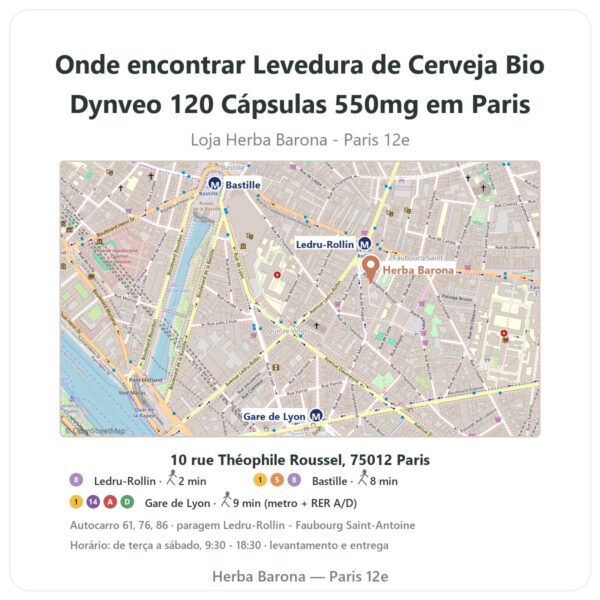 Onde encontrar Levedura de Cerveja Bio Dynveo 120 Cápsulas 550mg em Paris - mapa da loja Herba Barona Paris 12e