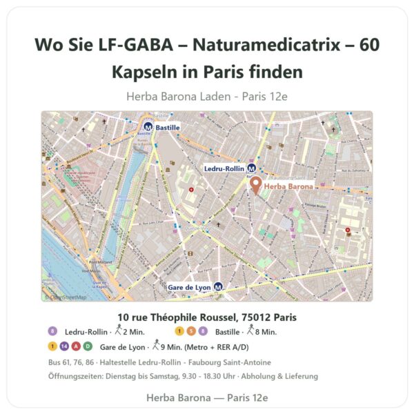 Wo finden Sie LF-GABA – Naturamedicatrix – 60 Kapseln in Paris - Ladenplan Herba Barona Paris 12e