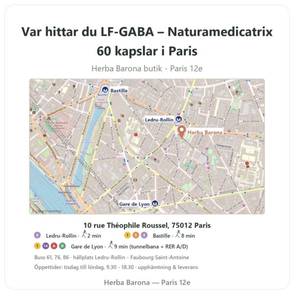 Var hittar du LF-GABA – Naturamedicatrix 60 kapslar i Paris - butikskarta Herba Barona Paris 12e