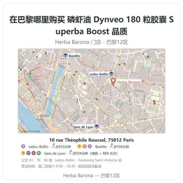 磷虾油 Dynveo 180 粒胶囊 Superba Boost 品质 巴黎哪里能买到 - 门店地图 Herba Barona Paris 12e