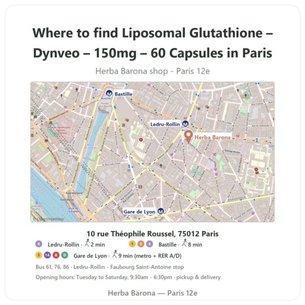Where to find Liposomal Glutathione – Dynveo – 150mg – 60 Capsules in Paris - store map Herba Barona Paris 12e