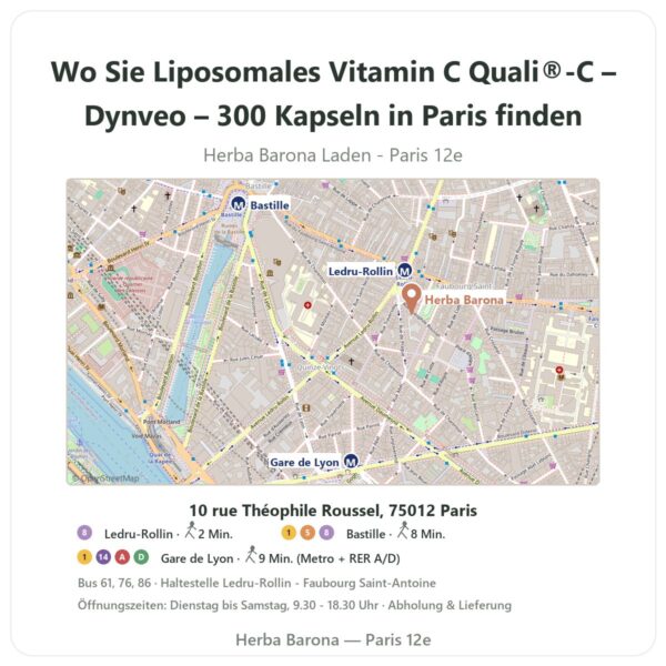 Wo finden Sie Liposomales Vitamin C Quali®-C – Dynveo – 300 Kapseln in Paris - Ladenplan Herba Barona Paris 12e