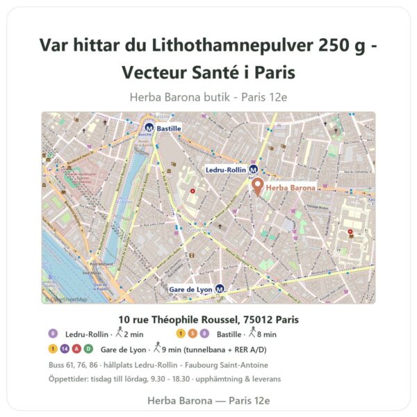 Var hittar du Lithothamnepulver 250 g - Vecteur Santé i Paris - butikskarta Herba Barona Paris 12e