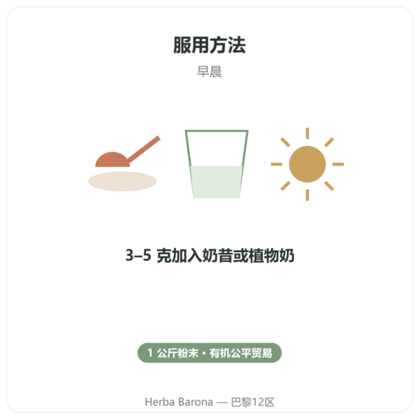 有机玛卡粉 Pederoso – Saldac – 1 公斤 使用方法与建议剂量 Paris Herba Barona