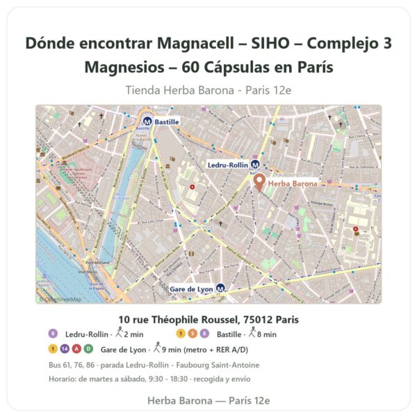 Dónde encontrar Magnacell – SIHO – Complejo 3 Magnesios – 60 Cápsulas en París - plano de la tienda Herba Barona Paris 12e