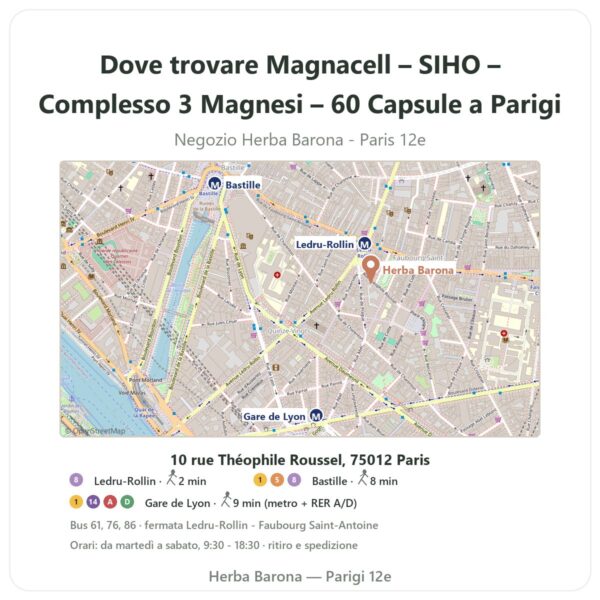 Dove trovare Magnacell – SIHO – Complesso 3 Magnesi – 60 Capsule a Parigi - mappa del negozio Herba Barona Paris 12e