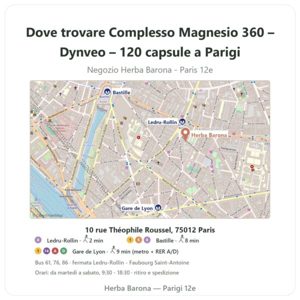 Dove trovare Complesso Magnesio 360 – Dynveo – 120 capsule a Parigi - mappa del negozio Herba Barona Paris 12e