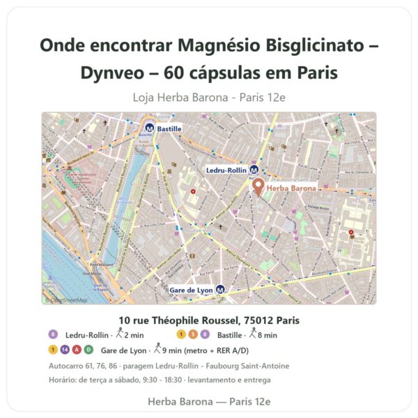 Onde encontrar Magnésio Bisglicinato – Dynveo – 60 cápsulas em Paris - mapa da loja Herba Barona Paris 12e