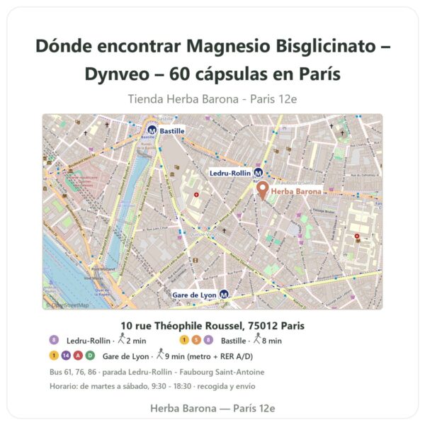Dónde encontrar Magnesio Bisglicinato – Dynveo – 60 cápsulas en París - plano de la tienda Herba Barona Paris 12e