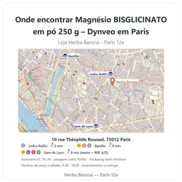 Onde encontrar Magnésio BISGLICINATO em pó 250 g – Dynveo em Paris - mapa da loja Herba Barona Paris 12e