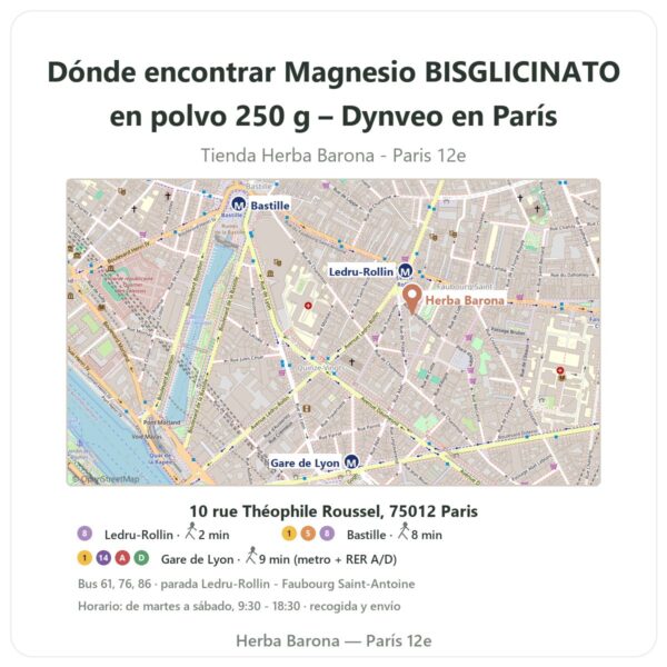 Dónde encontrar Magnesio BISGLICINATO en polvo 250 g – Dynveo en París - plano de la tienda Herba Barona Paris 12e