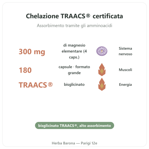 Magnesio Bisglicinato TRAACS® – 800mg – 180 capsule Dynveo benefici e dati chiave Paris Herba Barona