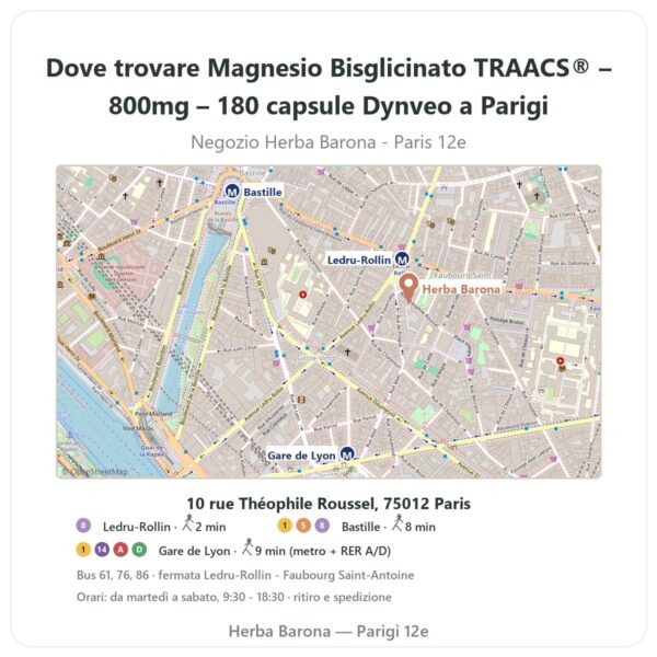 Dove trovare Magnesio Bisglicinato TRAACS® – 800mg – 180 capsule Dynveo a Parigi - mappa del negozio Herba Barona Paris 12e