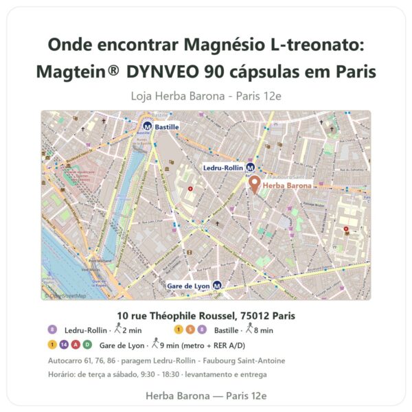 Onde encontrar Magnésio L-treonato: Magtein® DYNVEO 90 cápsulas em Paris - mapa da loja Herba Barona Paris 12e