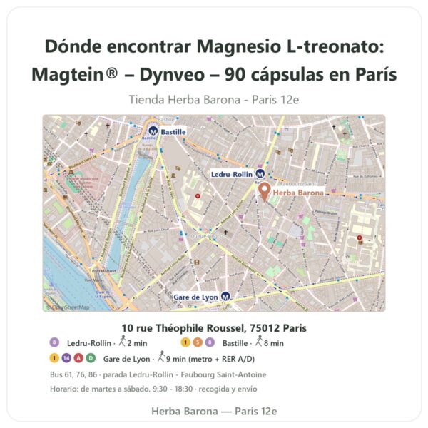 Dónde encontrar Magnesio L-treonato: Magtein® – Dynveo – 90 cápsulas en París - plano de la tienda Herba Barona Paris 12e