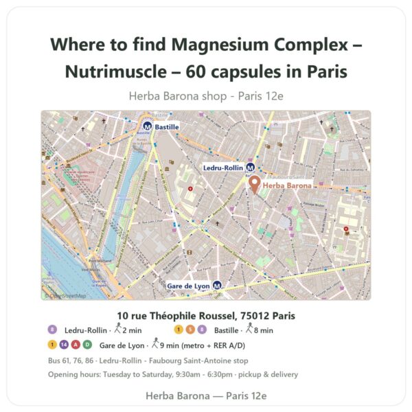 Where to find Magnesium Complex – Nutrimuscle – 60 capsules in Paris - store map Herba Barona Paris 12e