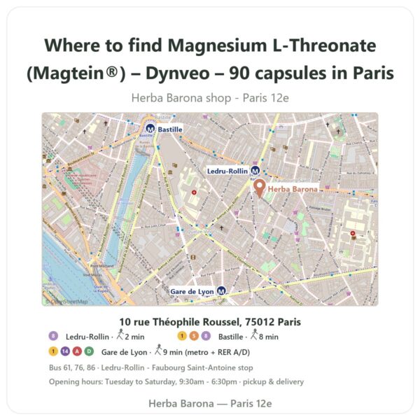 Where to find Magnesium L-Threonate (Magtein®) – Dynveo – 90 capsules in Paris - store map Herba Barona Paris 12e