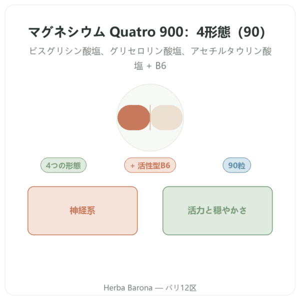 マグネシウム Quatro 900 – 90カプセル – Be-Life presentation Paris Herba Barona