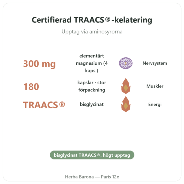 Magnesiumbisglycinat TRAACS® – 800 mg – 180 kapslar – Dynveo fördelar och nyckelfakta Paris Herba Barona