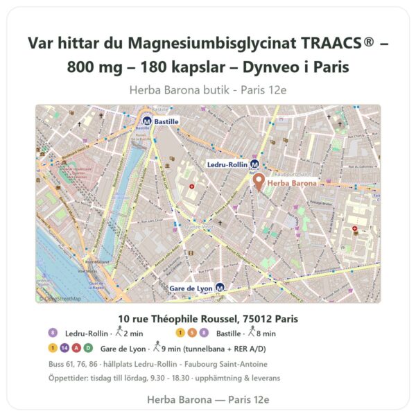 Var hittar du Magnesiumbisglycinat TRAACS® – 800 mg – 180 kapslar – Dynveo i Paris - butikskarta Herba Barona Paris 12e