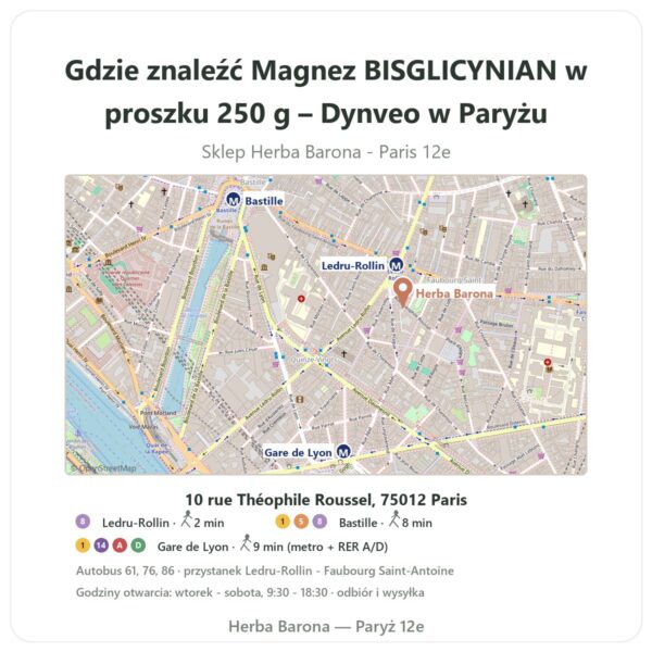 Gdzie znaleźć Magnez BISGLICYNIAN w proszku 250 g – Dynveo w Paryżu - mapa sklepu Herba Barona Paris 12e