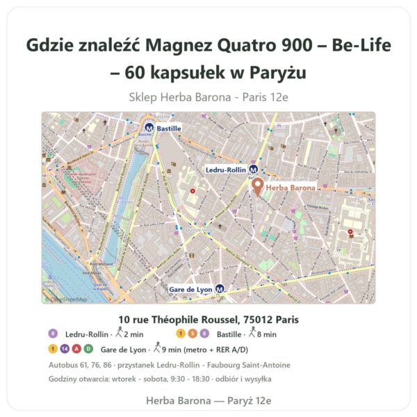 Gdzie znaleźć Magnez Quatro 900 – Be-Life – 60 kapsułek w Paryżu - mapa sklepu Herba Barona Paris 12e