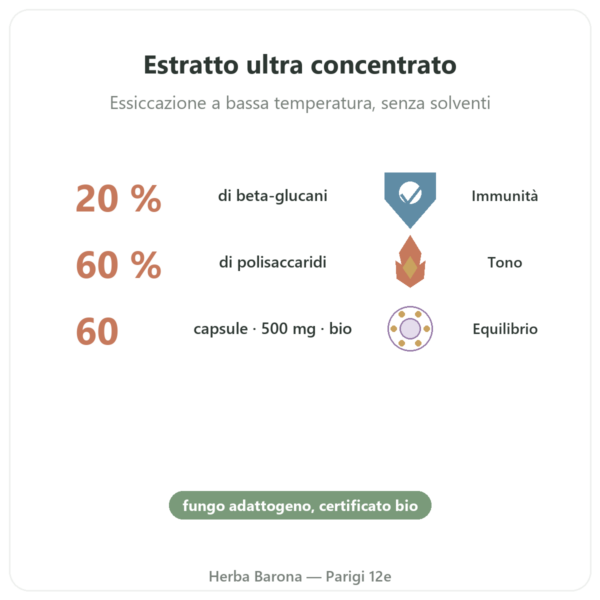 Maitake bio – Dynveo – 20% beta-glucani – 500mg – 60 capsule benefici e dati chiave Paris Herba Barona