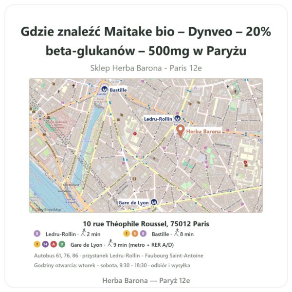 Gdzie znaleźć Maitake bio – Dynveo – 20% beta-glukanów – 500mg w Paryżu - mapa sklepu Herba Barona Paris 12e