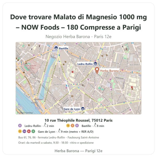 Dove trovare Malato di Magnesio 1000 mg – NOW Foods – 180 Compresse a Parigi - mappa del negozio Herba Barona Paris 12e