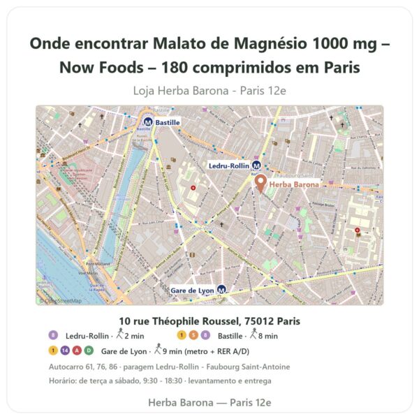 Onde encontrar Malato de Magnésio 1000 mg – Now Foods – 180 comprimidos em Paris - mapa da loja Herba Barona Paris 12e
