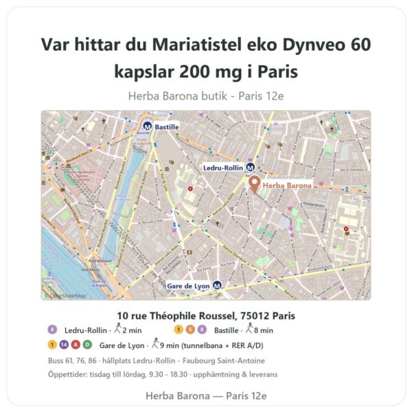 Var hittar du Mariatistel eko Dynveo 60 kapslar 200 mg i Paris - butikskarta Herba Barona Paris 12e