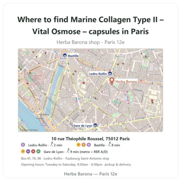 Where to find Marine Collagen Type II – Vital Osmose – capsules in Paris - store map Herba Barona Paris 12e