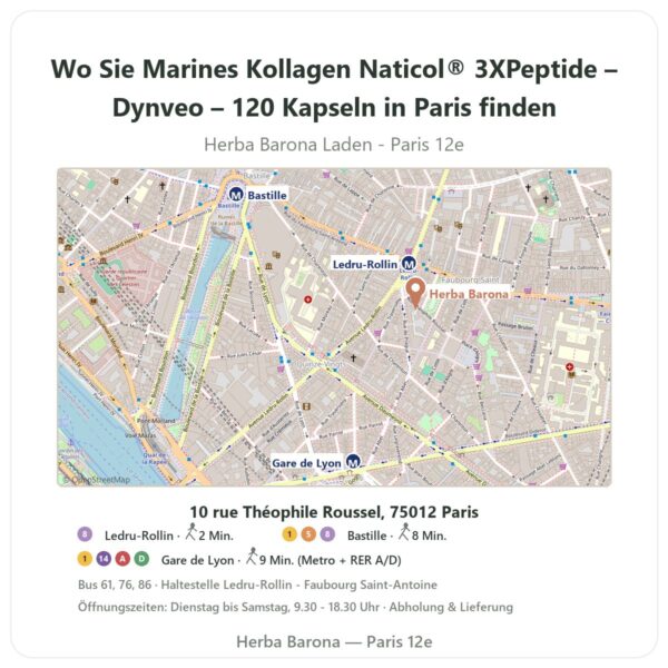 Wo finden Sie Marines Kollagen Naticol® 3XPeptide – Dynveo – 120 Kapseln in Paris - Ladenplan Herba Barona Paris 12e
