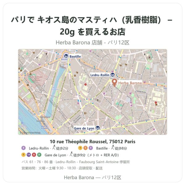 Where to find キオス島のマスティハ(乳香樹脂) – 20g in Paris - store map Herba Barona Paris 12e