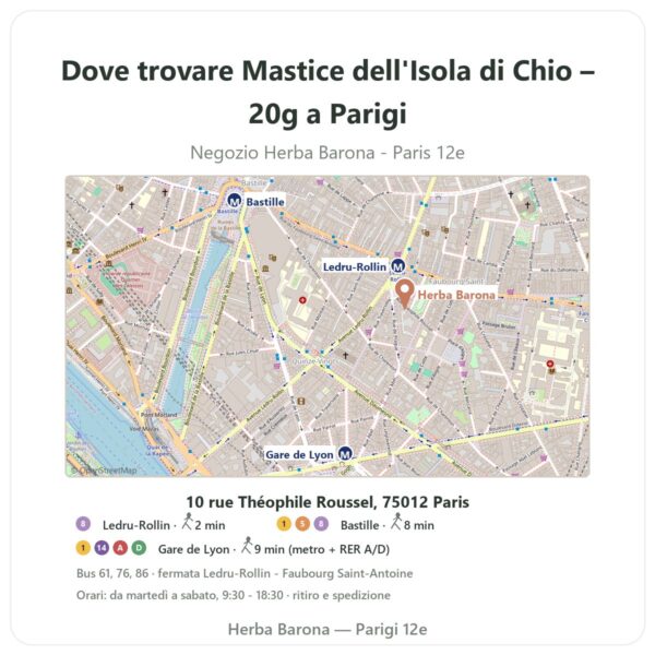 Dove trovare Mastice dell'Isola di Chio – 20g a Parigi - mappa del negozio Herba Barona Paris 12e