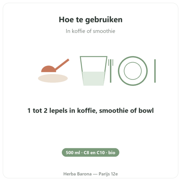 Biologische MCT-olie Amanprana 500 ml gebruiksaanwijzing en dosering Paris Herba Barona