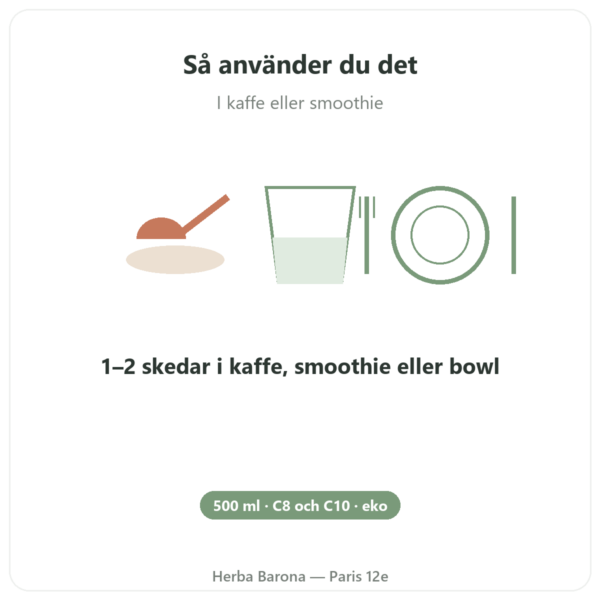 MCT-olja ekologisk Amanprana 500 ml – C8 och C10 användning och dosering Paris Herba Barona