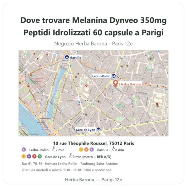 Dove trovare Melanina Dynveo 350mg Peptidi Idrolizzati 60 capsule a Parigi - mappa del negozio Herba Barona Paris 12e