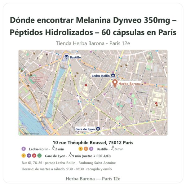 Dónde encontrar Melanina Dynveo 350mg – Péptidos Hidrolizados – 60 cápsulas en París - plano de la tienda Herba Barona Paris 12e