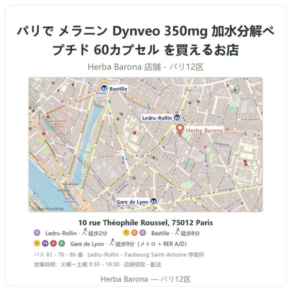 Where to find メラニン Dynveo 350mg 加水分解ペプチド 60カプセル in Paris - store map Herba Barona Paris 12e