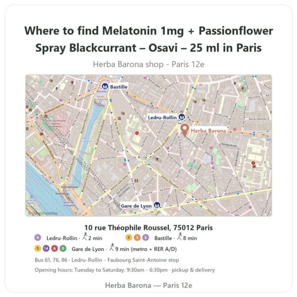 Where to find Melatonin 1mg + Passionflower Spray Blackcurrant – Osavi – 25 ml in Paris - store map Herba Barona Paris 12e