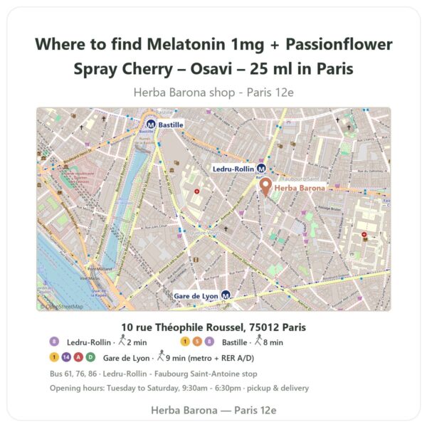 Where to find Melatonin 1mg + Passionflower Spray Cherry – Osavi – 25 ml in Paris - store map Herba Barona Paris 12e