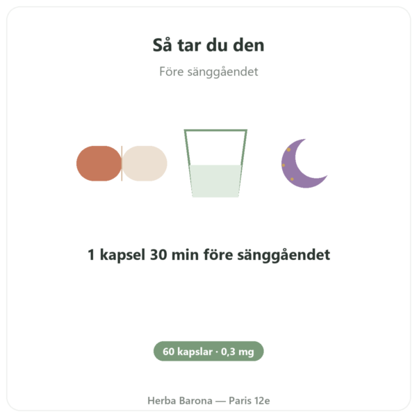 Melatonin Vegetabilisk Dynveo 0,3 mg 60 Kapslar användning och dosering Paris Herba Barona