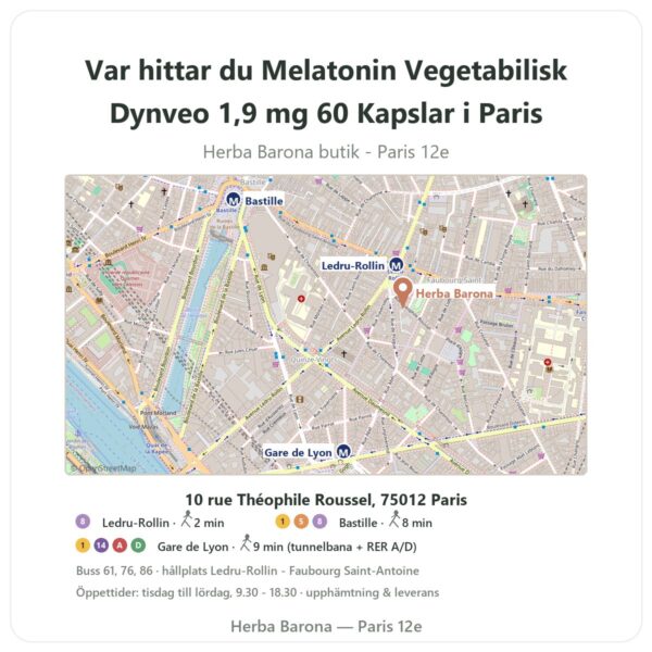 Var hittar du Melatonin Vegetabilisk Dynveo 1,9 mg 60 Kapslar i Paris - butikskarta Herba Barona Paris 12e