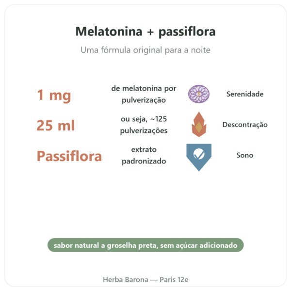 Melatonina 1mg + Passiflora Spray Cassis – Osavi – 25 ml benefícios e dados principais Paris Herba Barona